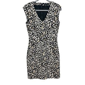 H&M Womens Sheath Dress Animal Print V Neck Cap Sleeves Lined Zip Beige Sz 10*